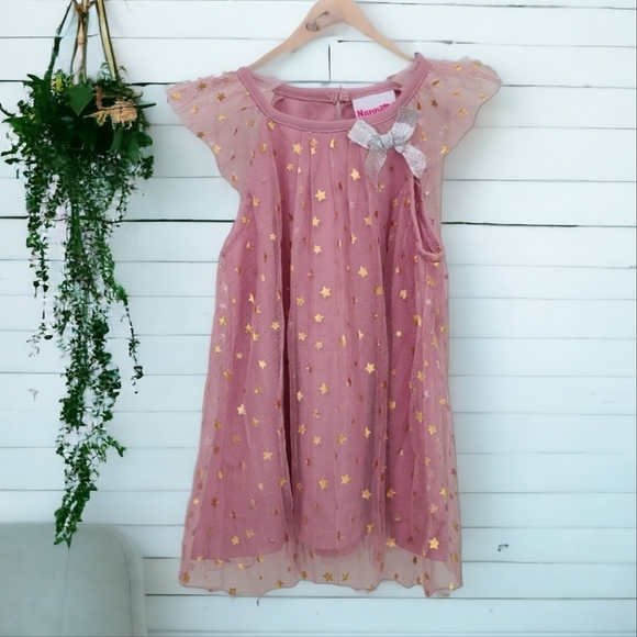 Nannette Other - Nannette Kids Metallic Star Ruffle Sleeve Pink Mesh Girls Toddler Dress Size 3T